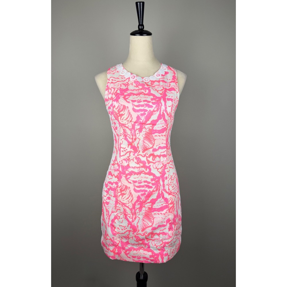 Lilly Pulitzer Mila Shift Dress Womens Pink White Shell Print Lace Sleeveless